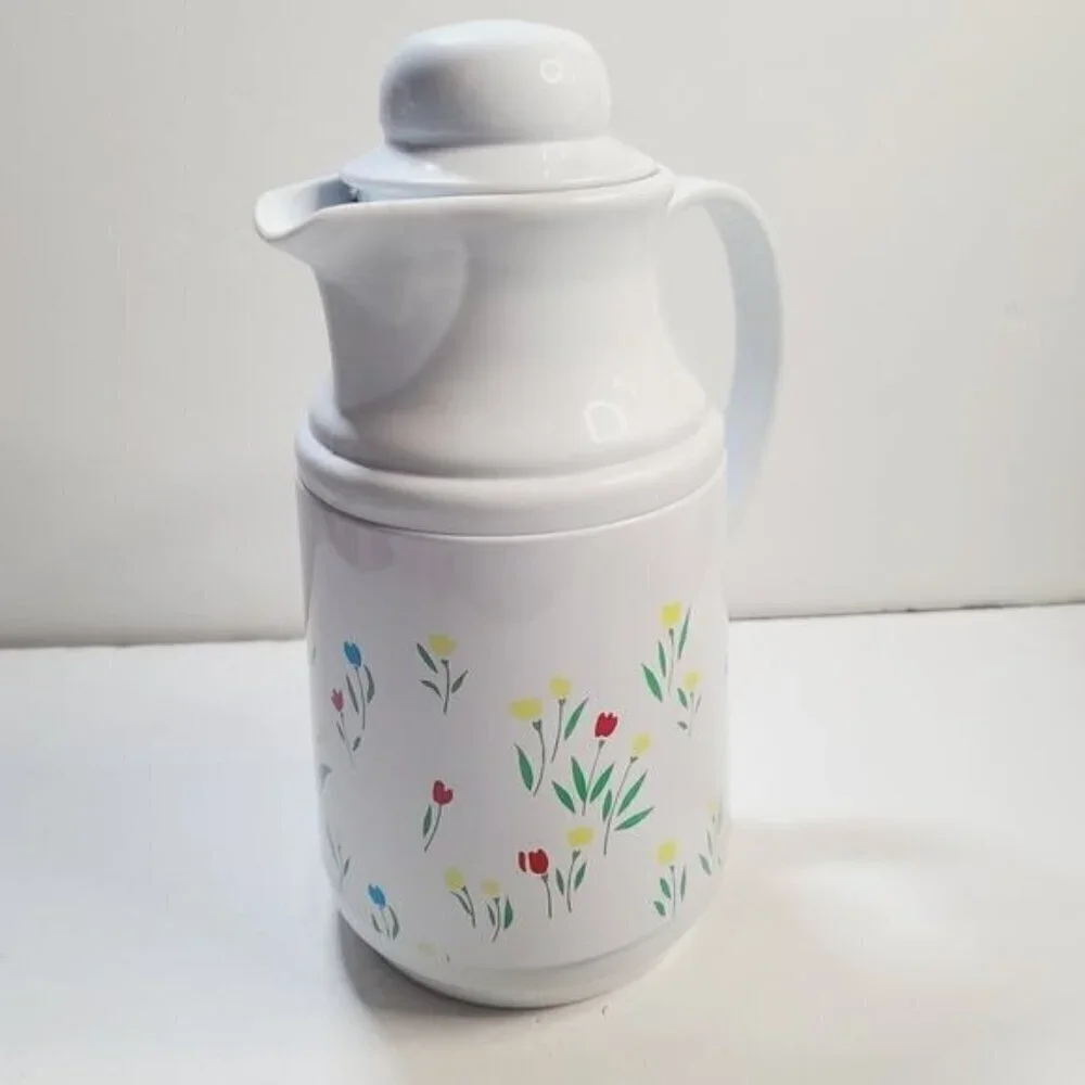 Vintage 80s Phoenix Insulated Thermal Carafate White Floral Tulip with Lid